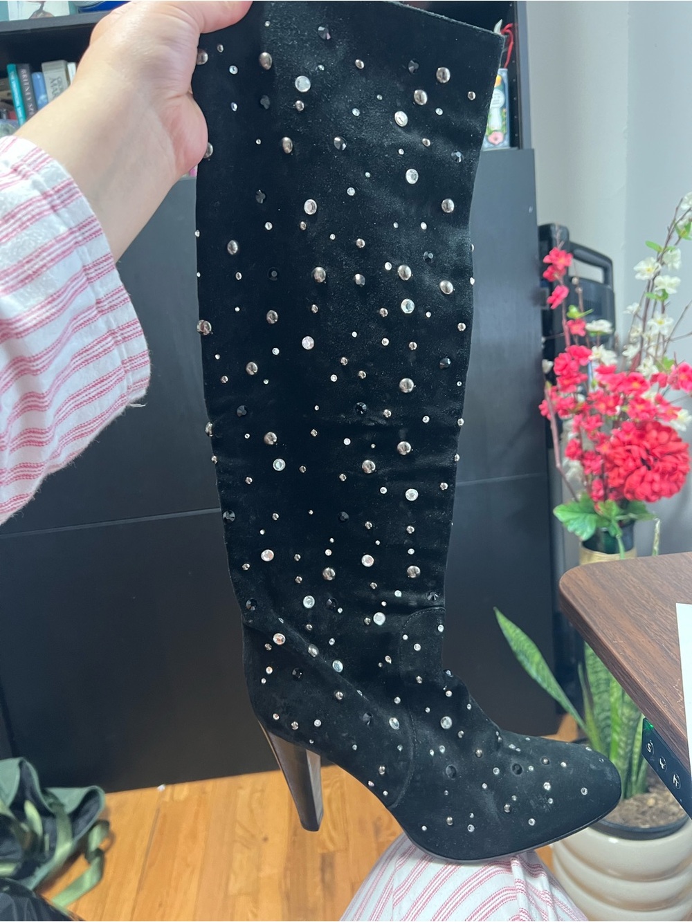 Black Vintage made in Italy vero cuoio Studded Knee-High Women's Boot size 38.5